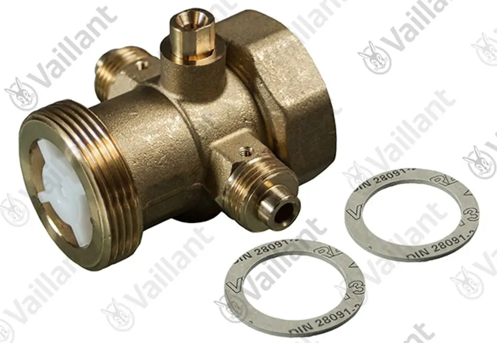 Vaillant Rückflussverhinderer mit mehreren Anschlüssen und zwei Dichtungen, aus Metall gefertigt, zur Verhinderung des Rückflusses in Heizungsanlagen.
